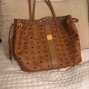 MCM Cognac Visetos Logo Tote with Gold Plaque